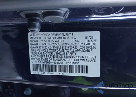 2022 Honda Pilot Awd Touring 7 Passenger из США, поврежденный, VIN 5FNYF6H60NB036258